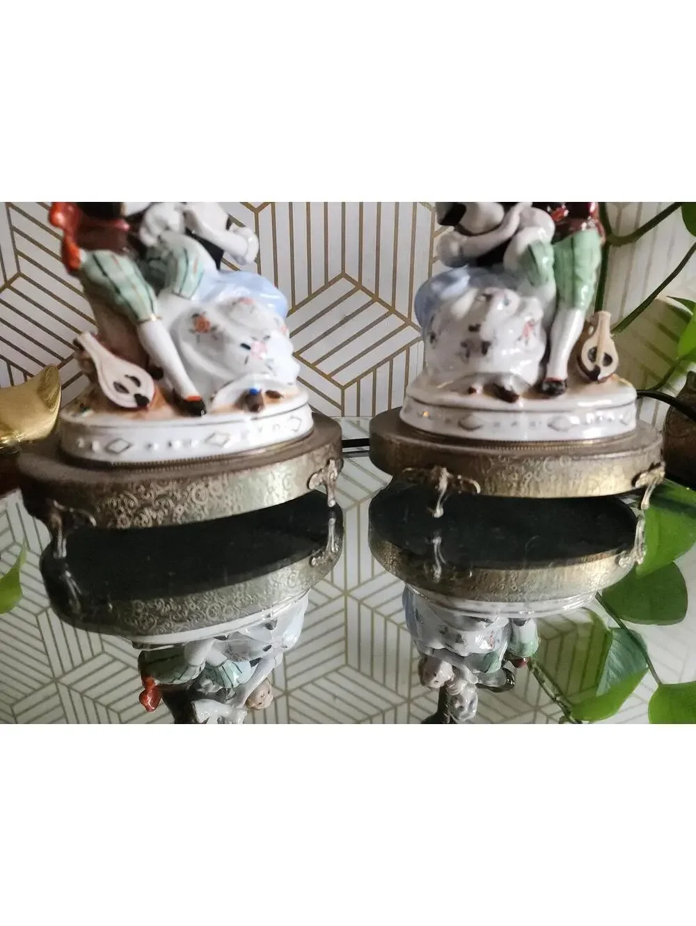 Vintage 1940s Pair of Porcelain Colonial Figural Lamps on Ornate Brass Bases